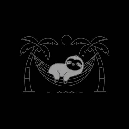 Oasis sloth mascot sleeping in a hammock between palm trees over calm water, minimalist illustration on a dark background