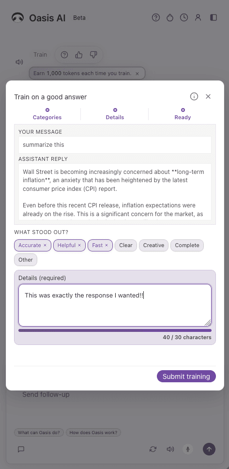 Oasis AI training modal titled Train on a good answer, showing the user message, assistant reply, feedback tags such as Accurate and Helpful, a required details field, and Submit training.