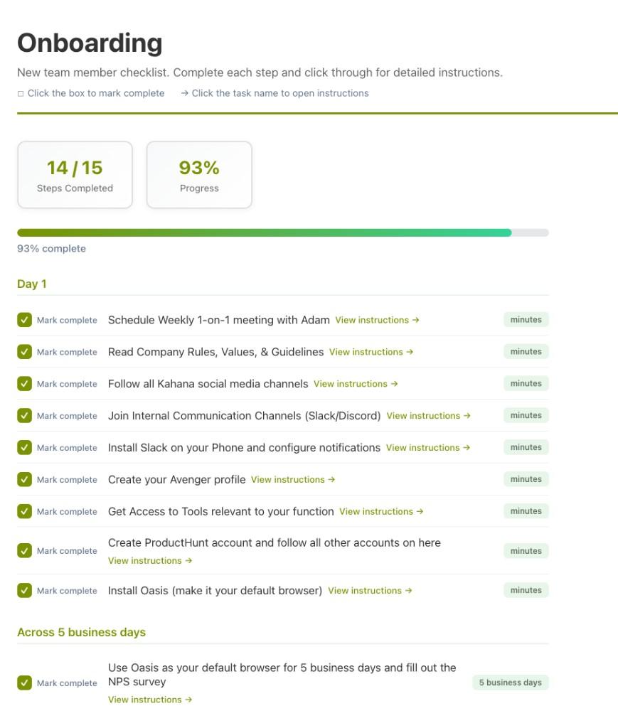 Interactive onboarding checklist showing Day 1 tasks and progress tracking