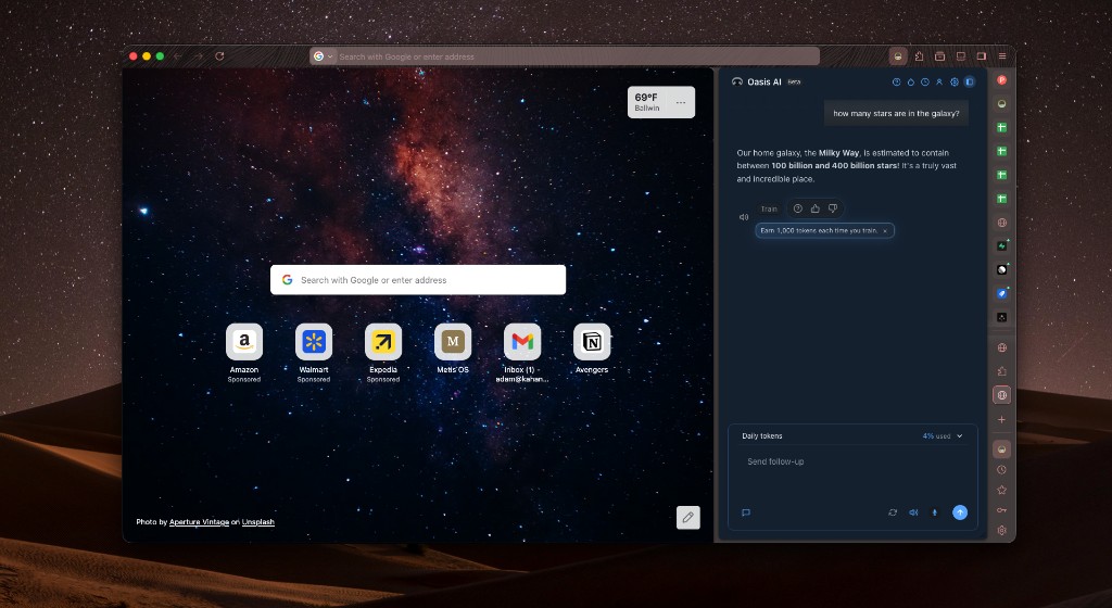 Oasis assistant with stargazer theme over new tab page