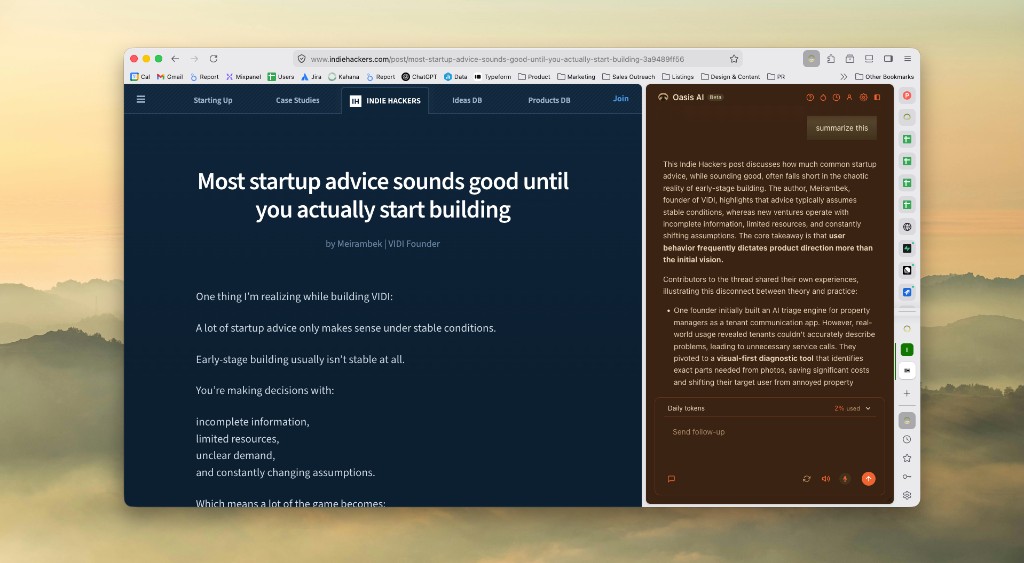 Oasis assistant with sepia theme summarizing an article