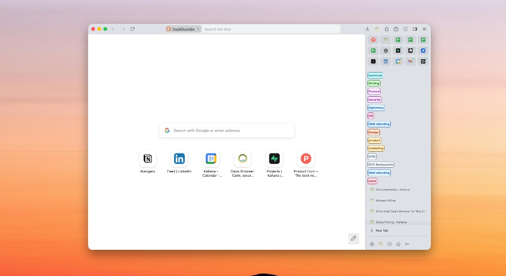 Oasis browser with light workspace sidebar and tab groups