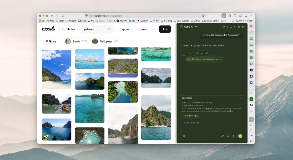 Oasis assistant with forest theme creating a tab group