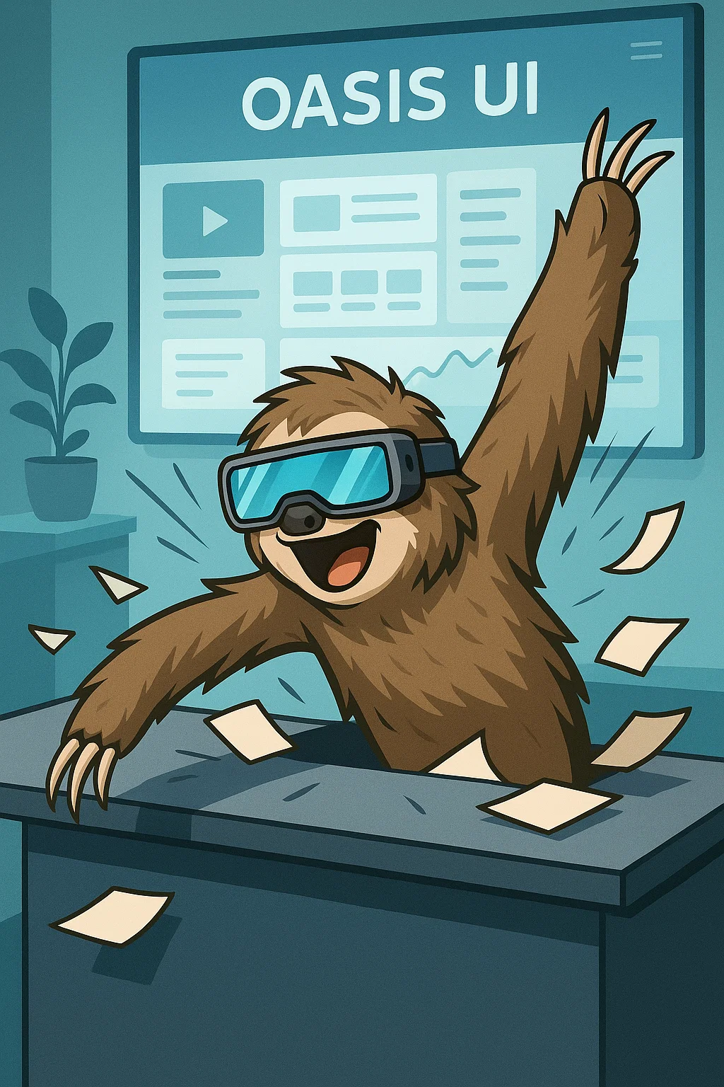 Sloth breaking free from desk-bound work with AR/VR technology, symbolizing the future of ergonomic work